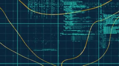 Siyah arkaplandaki sarı çizgilerin üzerinde veri işleme animasyonu. Küresel teknoloji, bilgisayar ve dijital arayüz kavramı dijital olarak oluşturulmuş video.