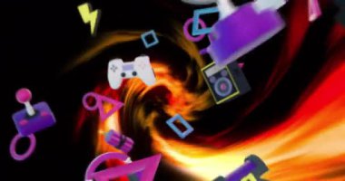 Oyun kumandası, dinamit ve geometrik şekiller kıvrımlı ateşli arka plan üzerinde animasyon oluşturur. Video oyunları, patlama, soyut, dijital sanat, teknoloji, oyun