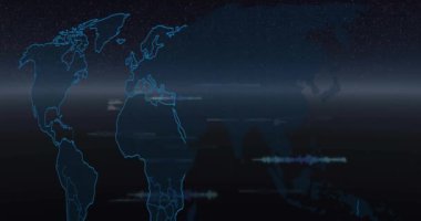 Dünya haritası ve bilgisayar devre kartı üzerinde dijital veri işleme animasyonu. Dijital olarak oluşturulmuş küresel bağlantılar, hesaplama ve veri işleme kavramı.