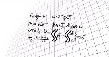 Matematiksel veri işleme animasyonu beyaz arkaplan üzerinde. Küresel bilim, bağlantılar, hesaplama ve veri işleme kavramı dijital olarak oluşturulmuş video.