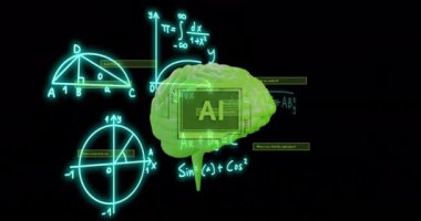 Yeşil beyin animasyonu üzerinde matematiksel denklemler ve grafikler, yapay zekayı temsil ediyor. teknoloji, makine öğrenme, nöral ağlar, veri bilimi, algoritmalar, yenilik