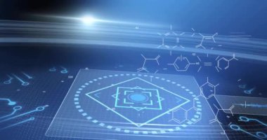 Bilgisayar devre kartından dijital veri işleme animasyonu. Dijital olarak oluşturulmuş küresel bağlantılar, hesaplama ve veri işleme kavramı.