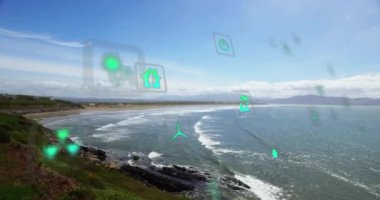 Deniz manzarası üzerindeki ekolojik simge ağının animasyonu. Küresel çevre, bağlantılar, hesaplama ve veri işleme kavramı dijital olarak oluşturulmuş video.