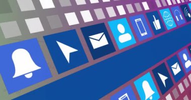 Mavi arkaplan üzerinde simgeler ve dijital veri işleme animasyonları. Dijital olarak oluşturulmuş küresel bağlantılar, hesaplama ve veri işleme kavramı.