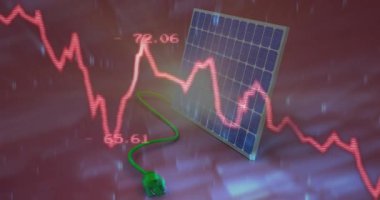 Veri işleme üzerinde şemaların ve güneş panellerinin animasyonu. Teknoloji, ekoloji ve dijital arayüz kavramı dijital olarak oluşturulmuş video.