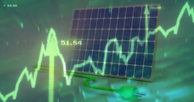 Veri işleme üzerinde şemaların ve güneş panellerinin animasyonu. Teknoloji, ekoloji ve dijital arayüz kavramı dijital olarak oluşturulmuş video.