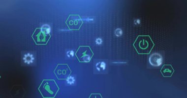 Çevre simgeleri ve veri işleme ağının animasyonu. Küresel çevre, bağlantılar, hesaplama ve veri işleme kavramı dijital olarak oluşturulmuş video.