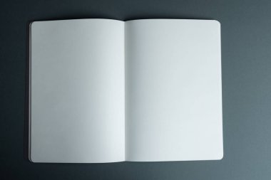 Açık ve boş bir defter karanlık bir yüzeyde, kopyalama alanı da var. Metin veya grafik eklemek için idealdir, defter yaratıcılık veya not alma için temiz bir sayfa sunar.