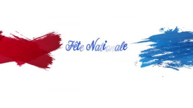 Beyaz arka planda Fransız bayrağı olan Fete nationale metin animasyonu. Fete nationale francaise, Fransız bağımsızlığı ve ulusal renk konsepti dijital olarak oluşturuldu.