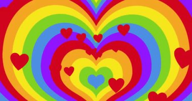 Kalpleri ve gökkuşağı kalpleri yerine çocukları olan lgbtq erkek eşcinsel çiftin animasyonu. Gurur ayı, lgbtq, insan hakları ve eşitlik kavramı dijital olarak oluşturulmuş video.