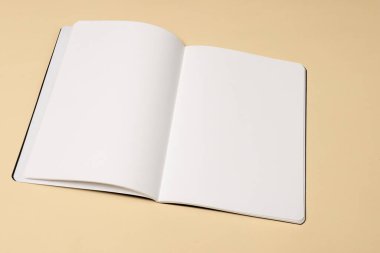 Bej arkaplanda boş bir defter aç, kopyalama alanı olsun. Bir minimalist ayarda metin veya grafik içeriğini göstermek için ideal.