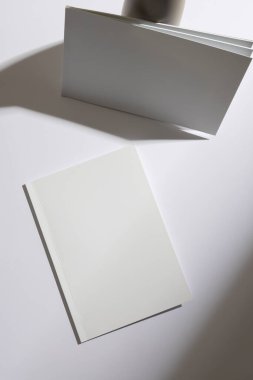 Boş beyaz kitap ve broşür masanda fotokopi alanı, tasarım sunumu için ideal. Temiz ve basit düzenleme kapak resmi ya da markalaştırma işi için mükemmeldir..