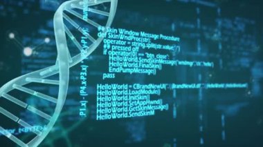 İstatistiklerin animasyonu, veri işleme, mavi ve siyah arka planda dönen DNA türleri. Coronavirus Covid-19 salgın DNA konsepti dijital bileşik