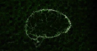 Siyah arkaplan üzerinde şekiller ve beyin animasyonu. Küresel bilim ve dijital arayüz kavramı dijital olarak oluşturulmuş video.