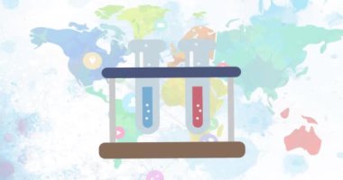 Beyaz arka plandaki dünya haritasında test tüpleri simgesinin canlandırılması. Okul, eğitim ve öğrenim konsepti dijital olarak oluşturulmuş video.