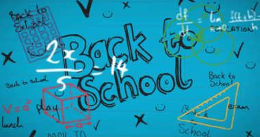 Matematiksel denklemler üzerinden okula dönüş metninin animasyonu. Küresel eğitim ve dijital arayüz kavramı dijital olarak oluşturulmuş video.