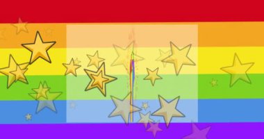 Gururlu Igbtq gökkuşağı yumruğu ve yıldızların gökkuşağı arkaplanından düşüşünün animasyonu. Gurur ayı, lgbtq, insan hakları ve eşitlik kavramı dijital olarak oluşturulmuş video.