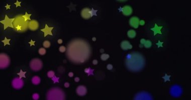 Koyu arkaplanda renkli yıldızlar ve bokeh animasyonu. Soyut, enerjik, ışıltılı, ışıltılı, neşeli, gece