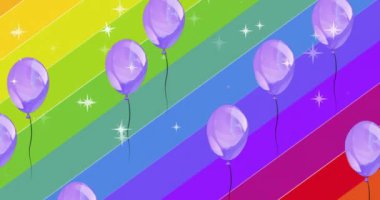 Gururlu Igbtq yazıları ve gökkuşağı arkaplanı üzerinde mor balonların animasyonu. Gurur ayı, lgbtq, insan hakları ve eşitlik kavramı dijital olarak oluşturulmuş video.