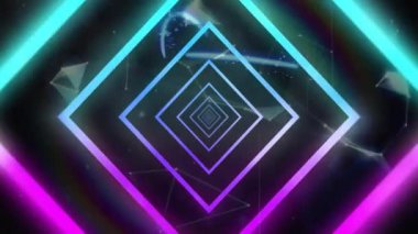 Geometrik şekiller ve neon ışıklar soyut arkaplan üzerine animasyon. hareket, renkli, fütüristik, dijital, parıltılı, tasarım