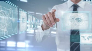 Dijital ekrana dokunmak, iş adamının gelecekteki veri işleme animasyonuyla etkileşimi. Teknoloji, yenilik, etkileşim, dokunmatik ekran, arayüz, modern
