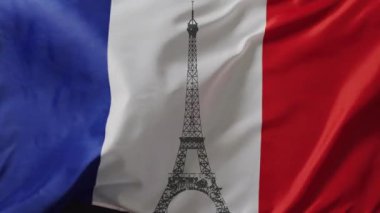 Havai fişek ve Eyfel kulesi arka planında Fransa bayrağı animasyonu. Fete nationale francaise, Fransız bağımsızlığı ve ulusal renk konsepti dijital olarak oluşturuldu.