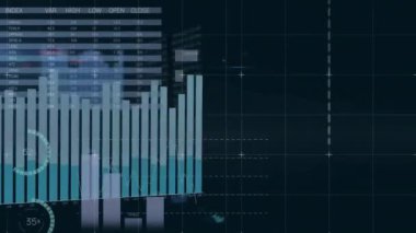 Dünya haritası olan diyagramların animasyonu ve kara arkaplan üzerinde veri işleme. Küresel iş, teknoloji ve dijital arayüz kavramı dijital olarak oluşturulmuş video.