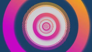 Mavi arka planda çizgili desenli renkli eşmerkezli daireler animasyonu. Soyut, geometrik, hareket, tasarım, canlı, dijital