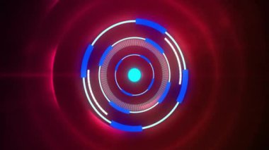 Dönen dijital daireler ve çubuklar, kırmızı arkaplan üzerinde geleceksel animasyon. Teknoloji, soyut, hareket, modern, yenilik, tasarım