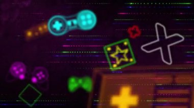 Neon oyun denetleyicileri ve simgeler arızalı arkaplan üzerinde animasyon. Oyun, retro, siber punk, teknoloji, dijital, canlı