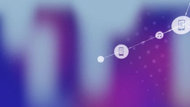 Bulanık arkaplan üzerinde bağlı aygıtlar ve müzik simgeleri animasyonu ağı. Teknoloji, bağlantı, dijital, üst üste, fütürist, multimedya