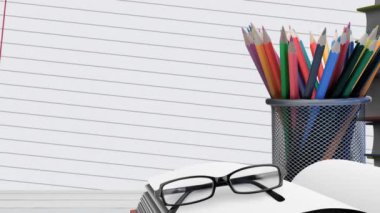 Açık kitap, gözlük ve kalemlerin animasyonu matematik sembolleri üzerinde sayfa çevirme etkisine karşı duruyor. Okul ve eğitim kavramı