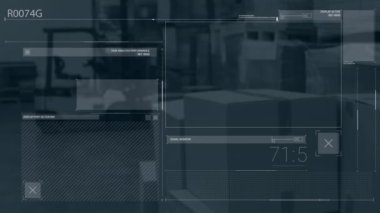 Dijital analiz performansı ve deponun arka planında sinyal monitörü animasyonu. Teknoloji, veri, lojistik, izleme, verimlilik, otomasyon