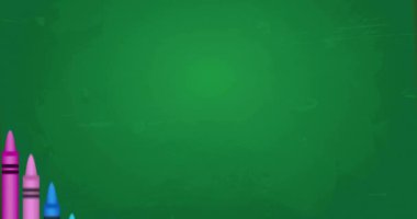 Pastel boyaların üzerinden okul satışına dönüş metninin animasyonu. Küresel eğitim, okul ve veri işleme kavramı dijital olarak oluşturulmuş video.