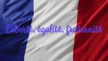 Özgürlüğün, eşitliğin, kardeşçe yazının, Fransız bayrağının ve havai fişeklerin animasyonu. Fete nationale francaise, Fransız bağımsızlığı ve ulusal renk konsepti dijital olarak oluşturuldu.