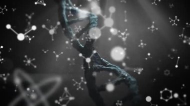 DNA sarmalının üzerinde dönen moleküler yapıların animasyonu. Hologram, dijital olarak oluşturulmuş, tıbbi, sağlık, bilim, genetik araştırma, biyoloji, kimya, deney, teknoloji.