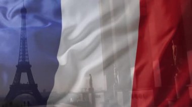 Eyfel kulesi arka planında Fransa bayrağı animasyonu. Fete nationale francaise, Fransız bağımsızlığı ve ulusal renk konsepti dijital olarak oluşturuldu.