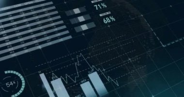 Finansal veri tabloları ve grafikleri dünya haritasının arka planında. Maliye, analitik, yatırım, ekonomi, küresel, istatistik