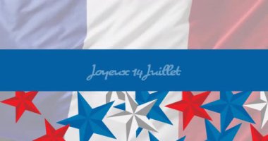 Fransız bayrağı ve yıldızlı neşeli 14 juillet metnin animasyonu. Fete nationale francaise, Fransız bağımsızlığı ve ulusal renk konsepti dijital olarak oluşturuldu.