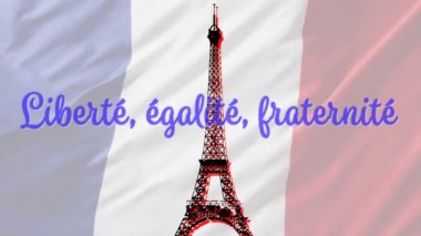 Özgürlük, eşitlik, Fransız bayrağı ve Eyfel kulesi olan kardeş metnin animasyonu. Fete nationale francaise, Fransız bağımsızlığı ve ulusal renk konsepti dijital olarak oluşturuldu.