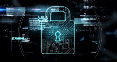 Siber güvenlik arayüzü üzerinden dijital kilit ve veri şifreleme animasyonu. veri koruması, dijital güvenlik, ağ güvenliği, güvenlik duvarı, siber tehdit, gizlilik