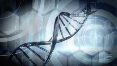 Soyut teknolojik arka plan üzerinde DNA ipliği ve bilimsel veri işleme animasyonu. Bilim, teknoloji, biyoenformatik, moleküler, araştırma, genetik