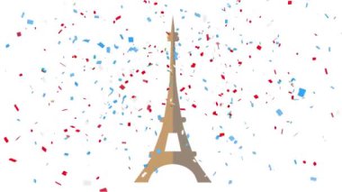 Beyaz arka planda konfeti ve Eyfel kulesi animasyonu. Fete nationale francaise, Fransız bağımsızlığı ve ulusal renk konsepti dijital olarak oluşturuldu.