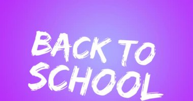 Mor arkaplan üzerinden okula dönüş metninin animasyonu. Okul, öğrenim ve eğitim kavramı dijital olarak oluşturulmuş video.