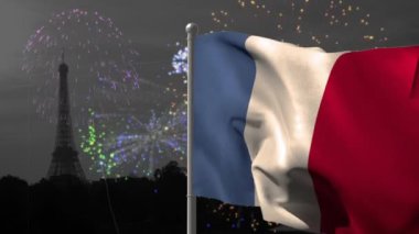 Havai fişek ve Eyfel kulesi arka planında Fransa bayrağı animasyonu. Fete nationale francaise, Fransız bağımsızlığı ve ulusal renk konsepti dijital olarak oluşturuldu.