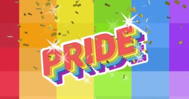 Gururlu Igbtq metin ve konfetisinin gökkuşağı arka planına düşüşünün animasyonu. Gurur ayı, lgbtq, insan hakları ve eşitlik kavramı dijital olarak oluşturulmuş video.
