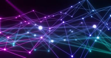 Neon renkli bağlantı ağı ve veri noktaları karanlık arkaplan üzerinde animasyon gösteriyor. Teknoloji, dijital, fütürist, siber, yenilik, iletişim