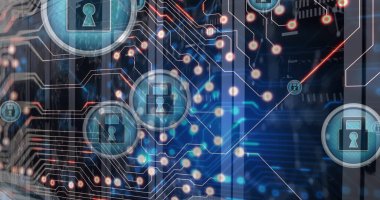 Bilgisayar sunucularında asma kilit simgeleri ve veri işleme resimleri. Küresel siber güvenlik, ağlar, bağlantılar, hesaplama ve veri işleme kavramı dijital olarak oluşturuldu.