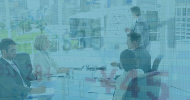 Ofisteki çeşitli iş adamlarıyla ilgili finansal veri işleme resmi. Küresel finans, iş, bağlantılar, hesaplama ve veri işleme kavramı dijital olarak oluşturuldu.