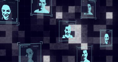 Siyah arkaplanda parlayan kareler üzerinde insanların portreleri olan veri işleme görüntüsü. Küresel teknoloji, bağlantılar, hesaplama ve dijital arayüz kavramı dijital olarak oluşturulmuş görüntü.